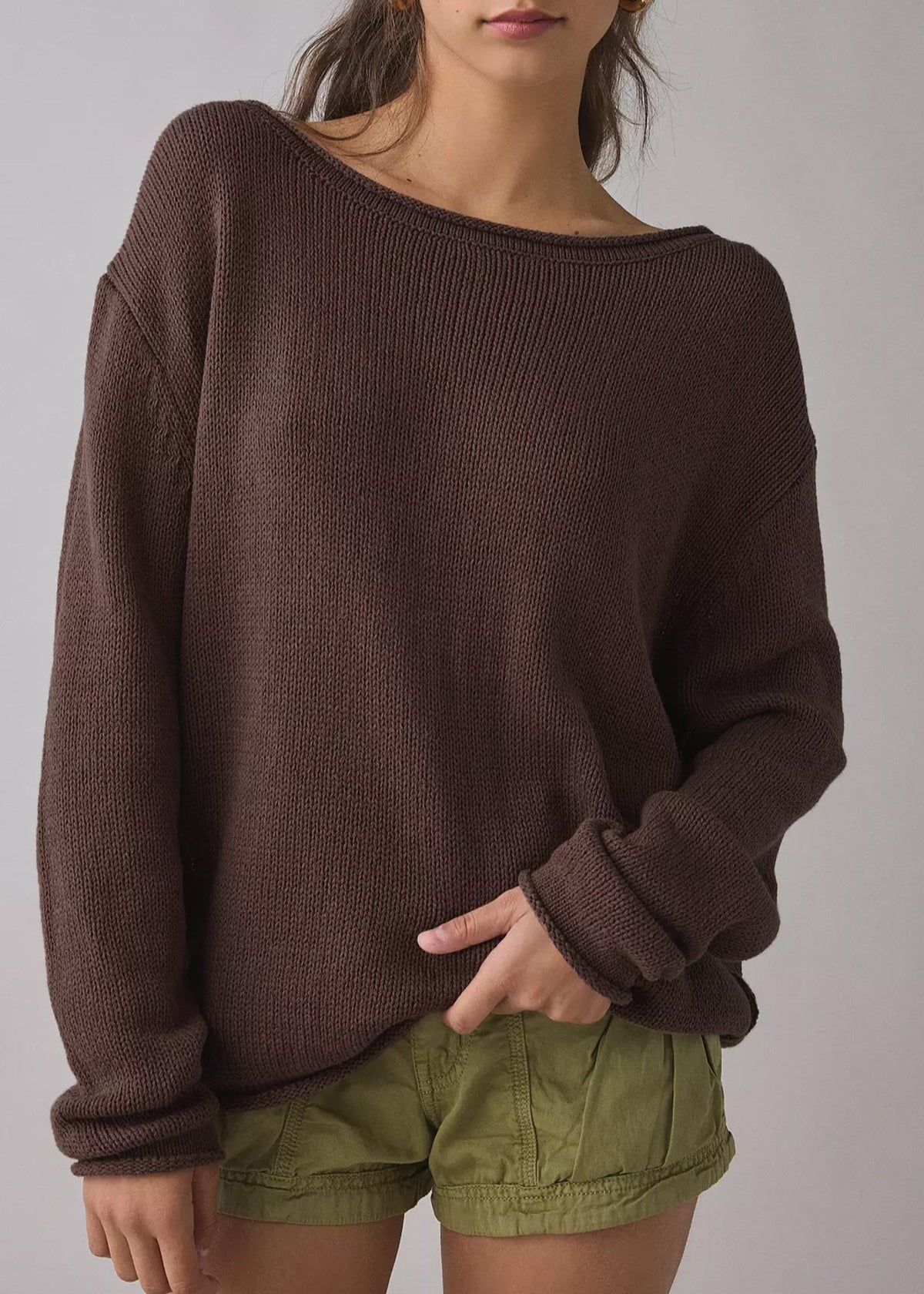 Relaxed Boatneck Knit Sweater With Drop Sleeves - Coffee