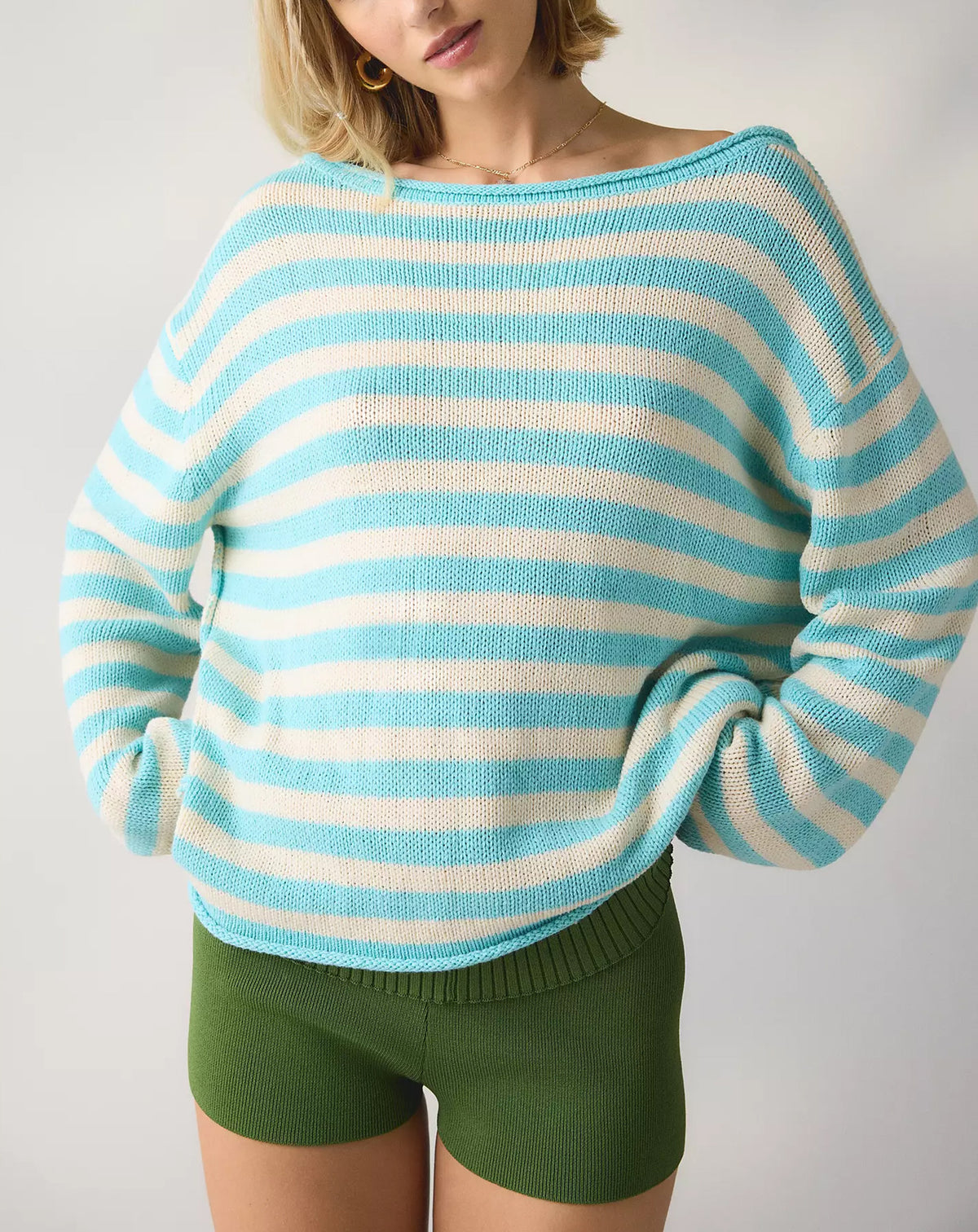 Relaxed Boatneck Knit Sweater With Drop Sleeves - Stripe_B