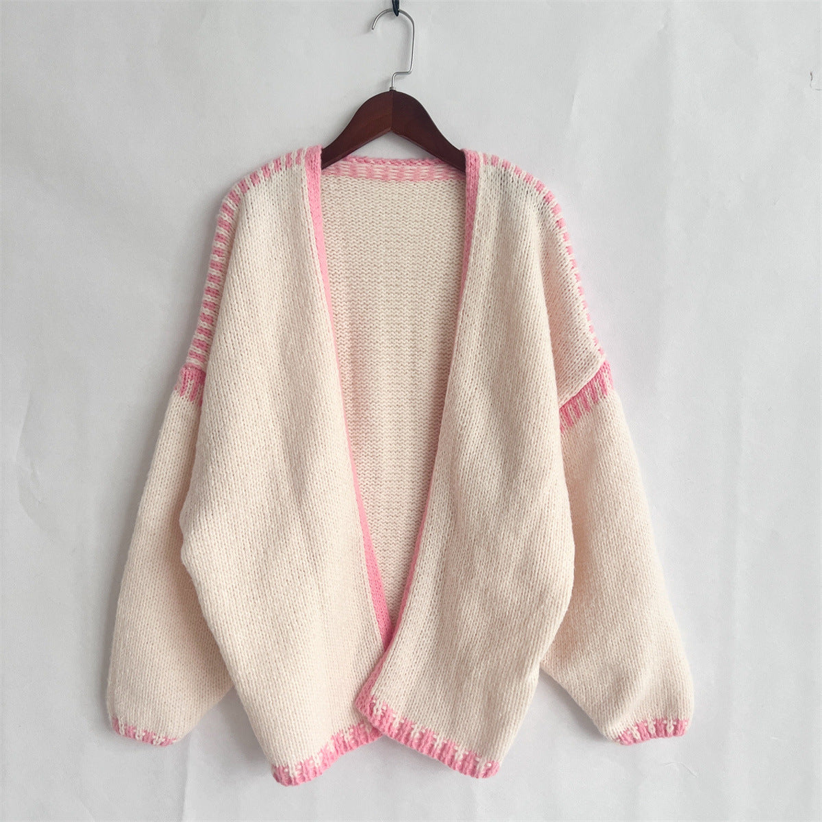 Contrast Whipstitch Open Front Cardigan - Beige