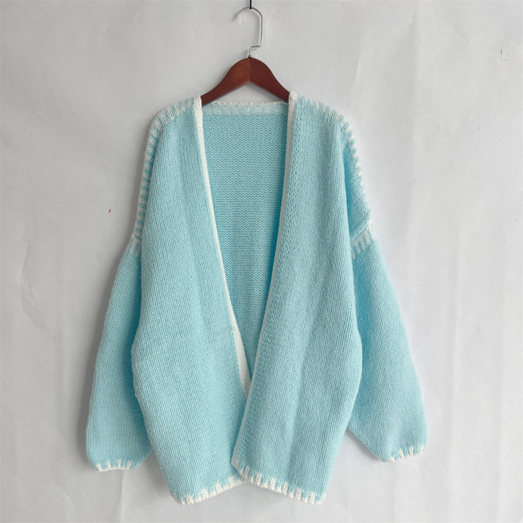Contrast Whipstitch Open Front Cardigan - Blue