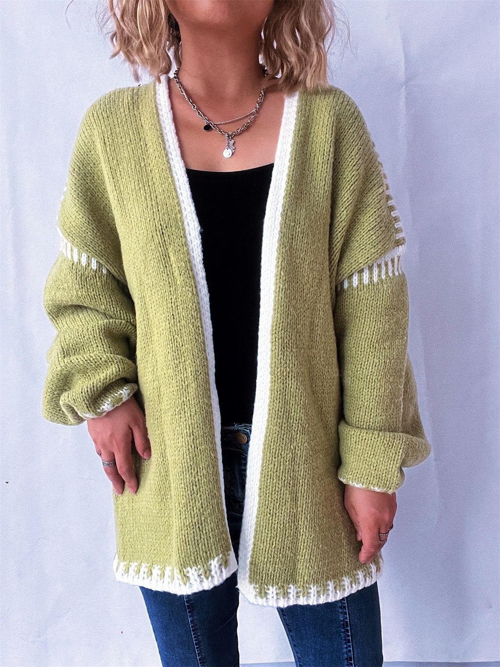 Contrast Whipstitch Open Front Cardigan - Green