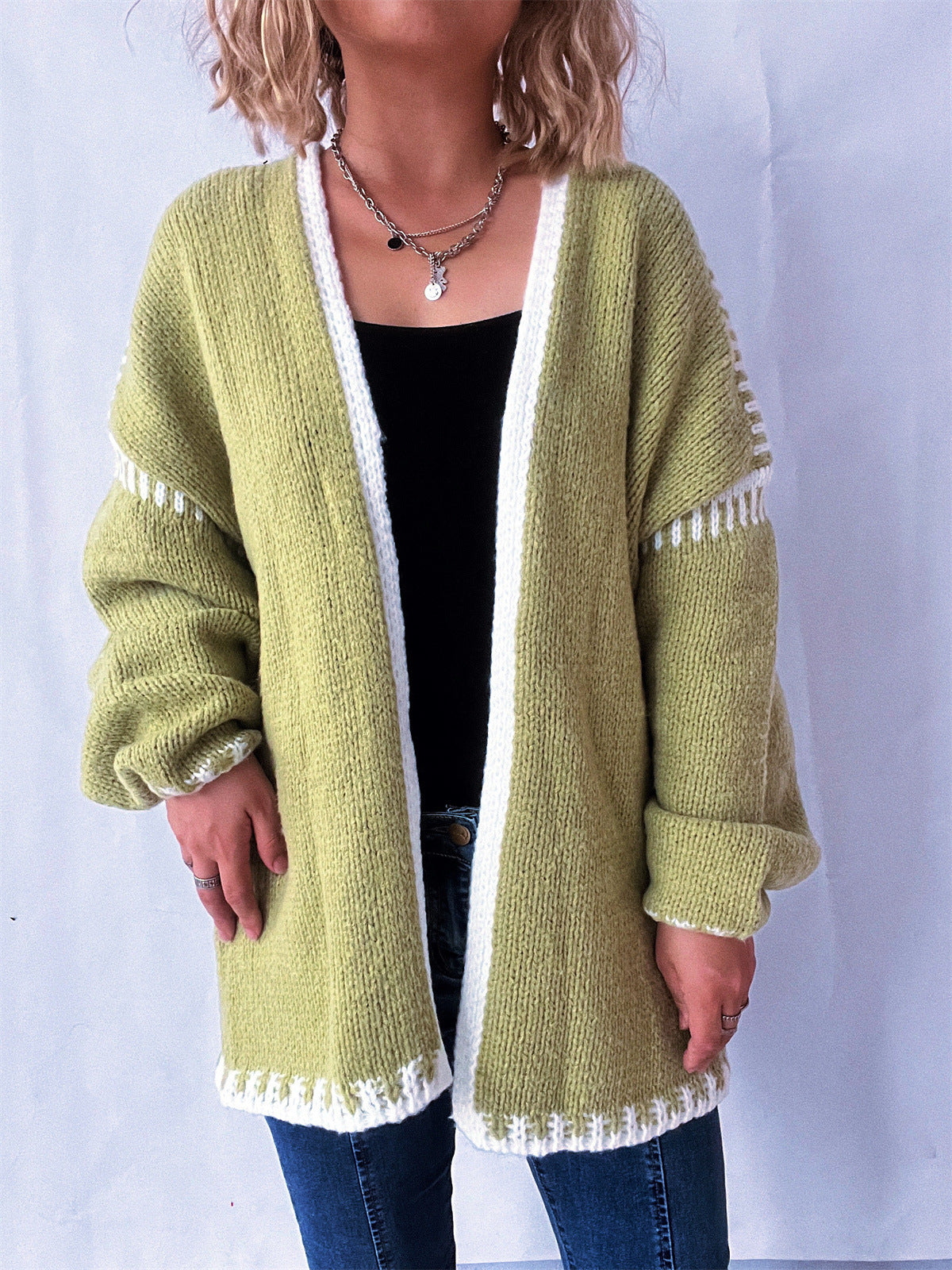Contrast Whipstitch Open Front Cardigan - Green