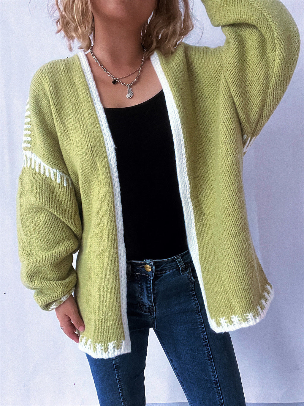 Contrast Whipstitch Open Front Cardigan - Green - 1