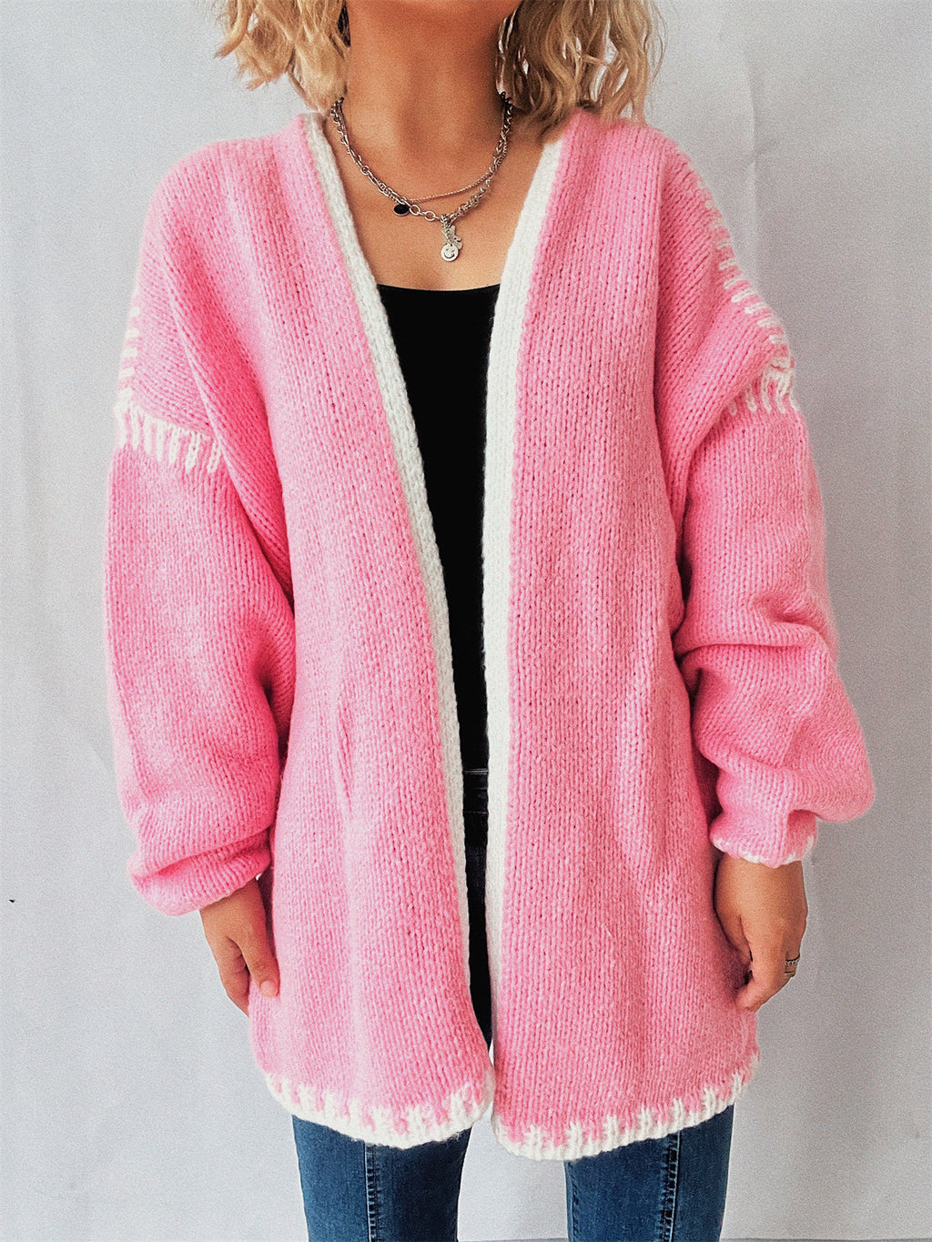 Contrast Whipstitch Open Front Cardigan - Pink
