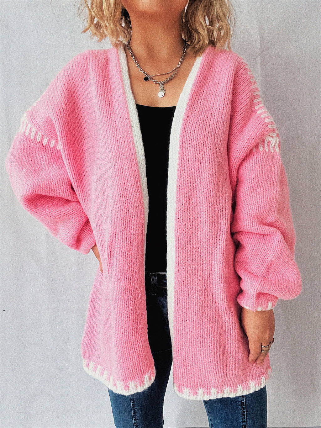 Contrast Whipstitch Open Front Cardigan - Pink - 1
