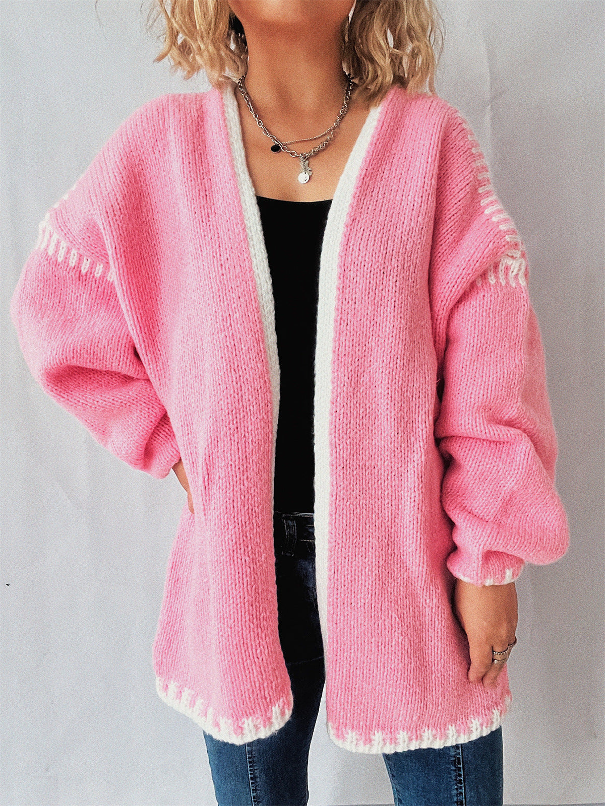 Contrast Whipstitch Open Front Cardigan - Pink - 1