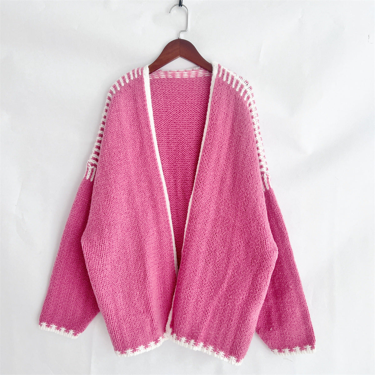 Contrast Whipstitch Open Front Cardigan - Rosered
