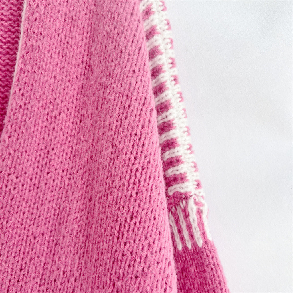Contrast Whipstitch Open Front Cardigan - Rosered - 2