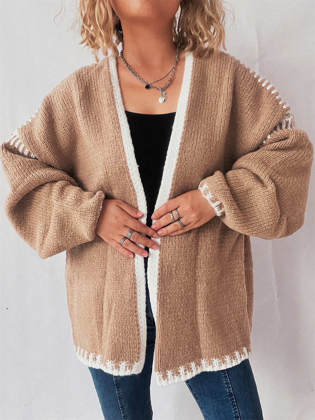 Contrast Whipstitch Open Front Cardigan