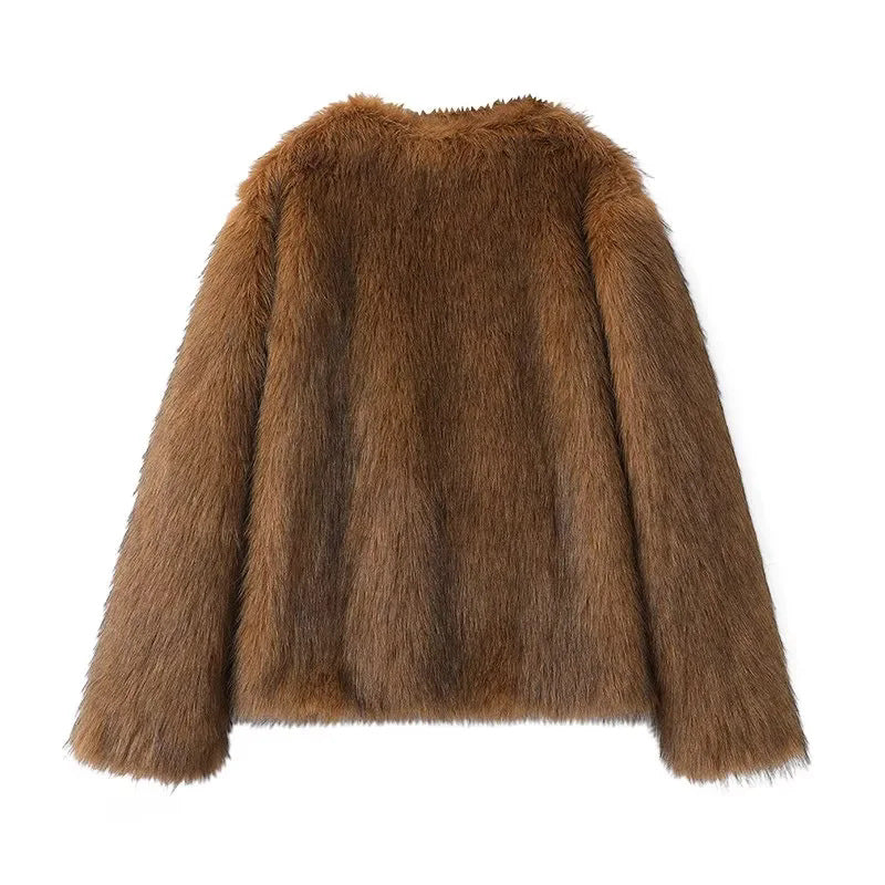 Collarless Open Front Faux Fur Coat - Brown
