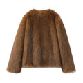 Collarless Open Front Faux Fur Coat - Brown