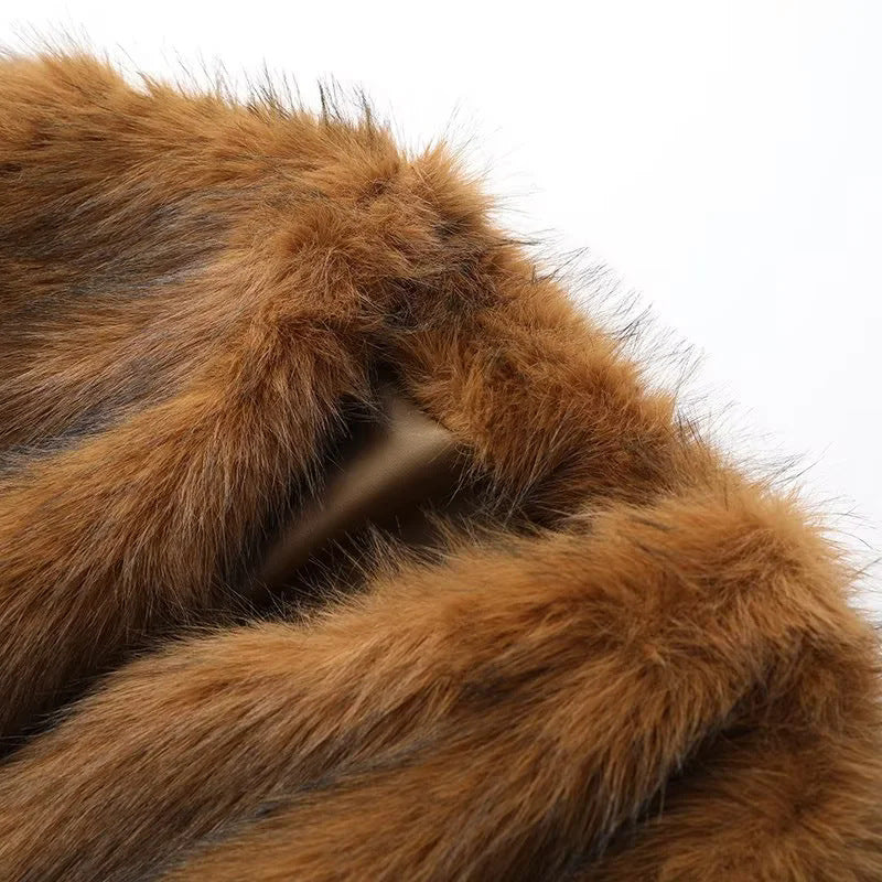Collarless Open Front Faux Fur Coat - Brown - 1