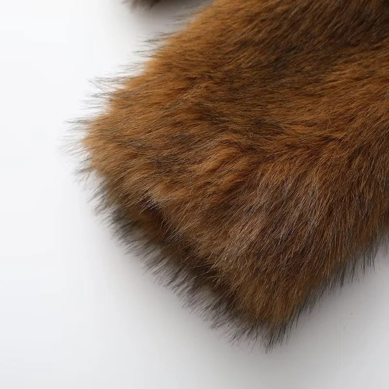 Collarless Open Front Faux Fur Coat - Brown - 3