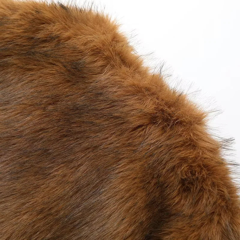 Collarless Open Front Faux Fur Coat - Brown - 4