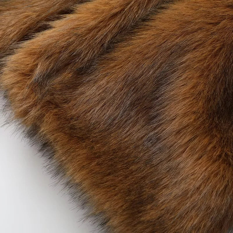 Collarless Open Front Faux Fur Coat - Brown - 5