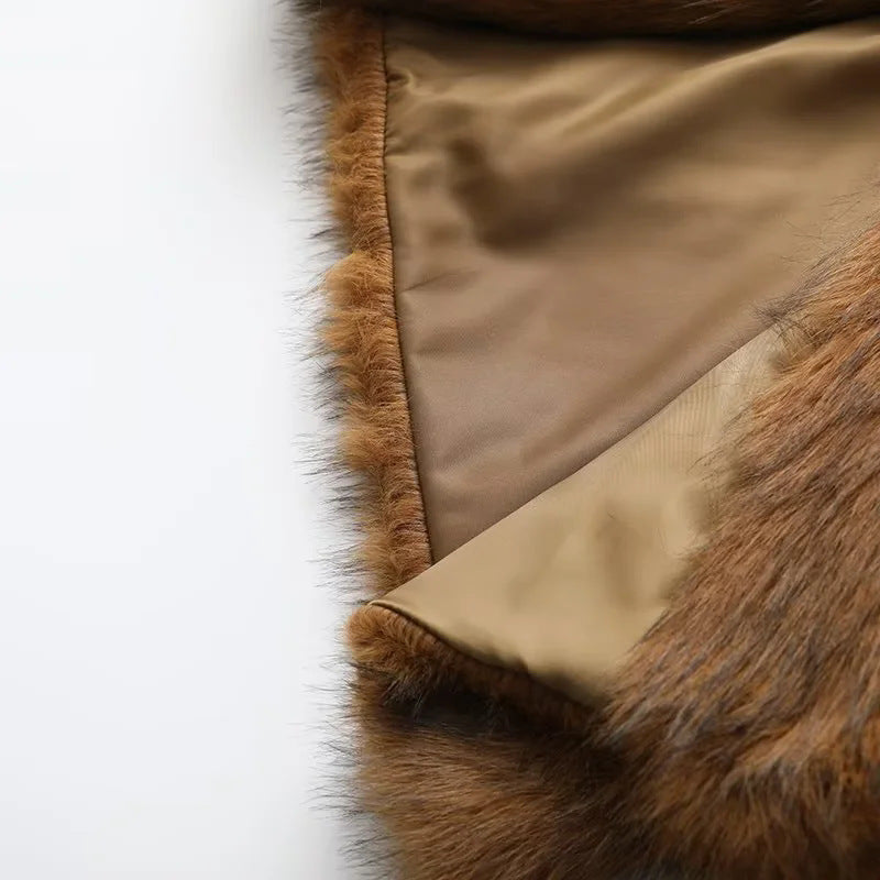 Collarless Open Front Faux Fur Coat - Brown - 6