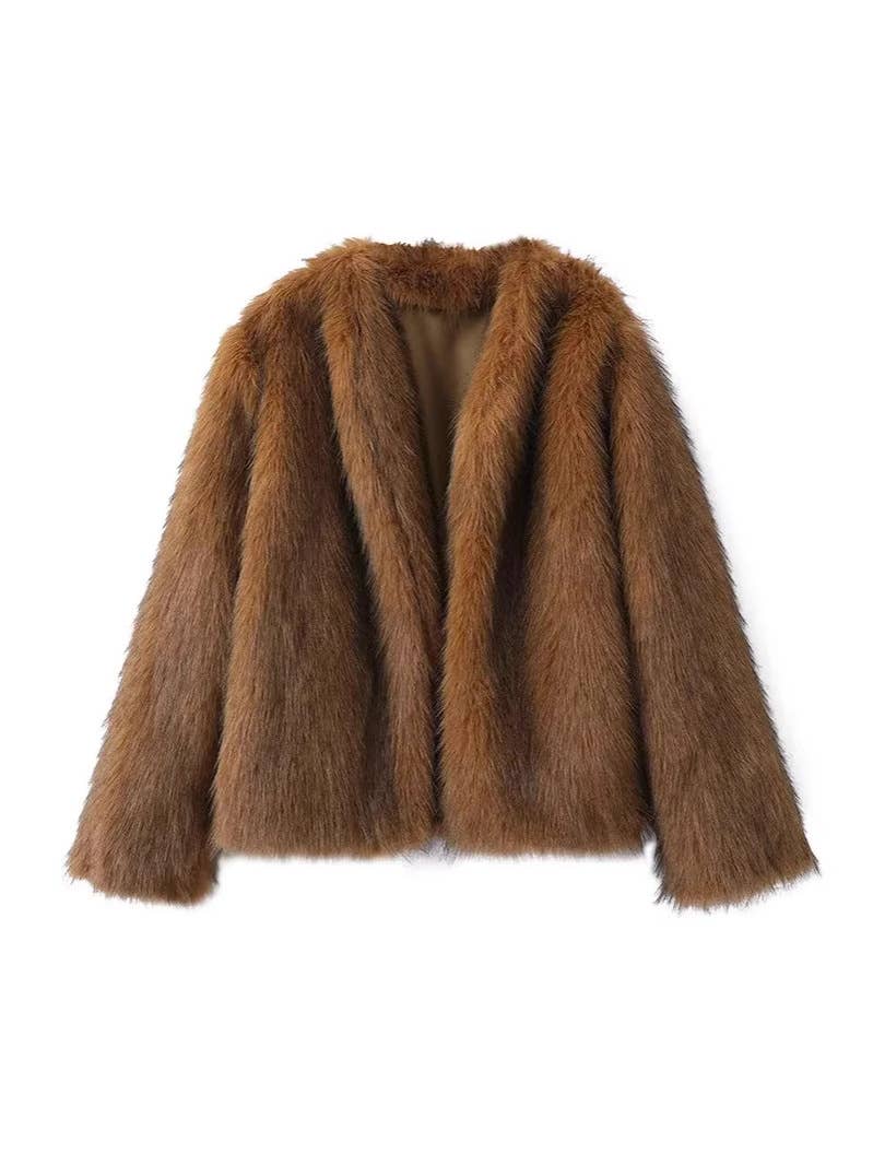 Collarless Open Front Faux Fur Coat