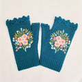 Fingerless Knit Gloves With Embroidered Bouquets - Blue