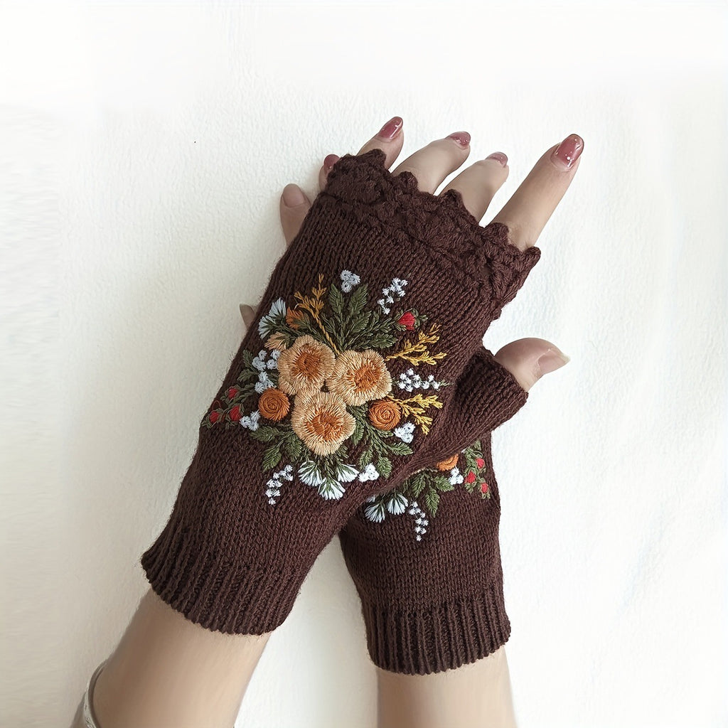Fingerless Knit Gloves With Embroidered Bouquets - Brown
