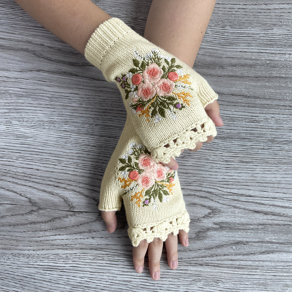 Fingerless Knit Gloves With Embroidered Bouquets - White - 2