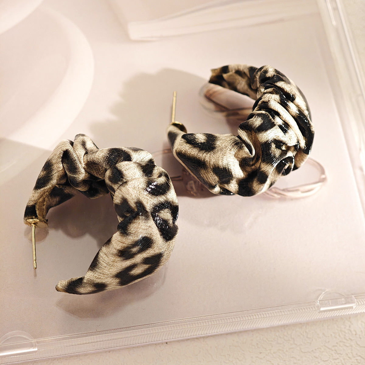 Leopard Print Ruched C Hoop Earrings - Beige