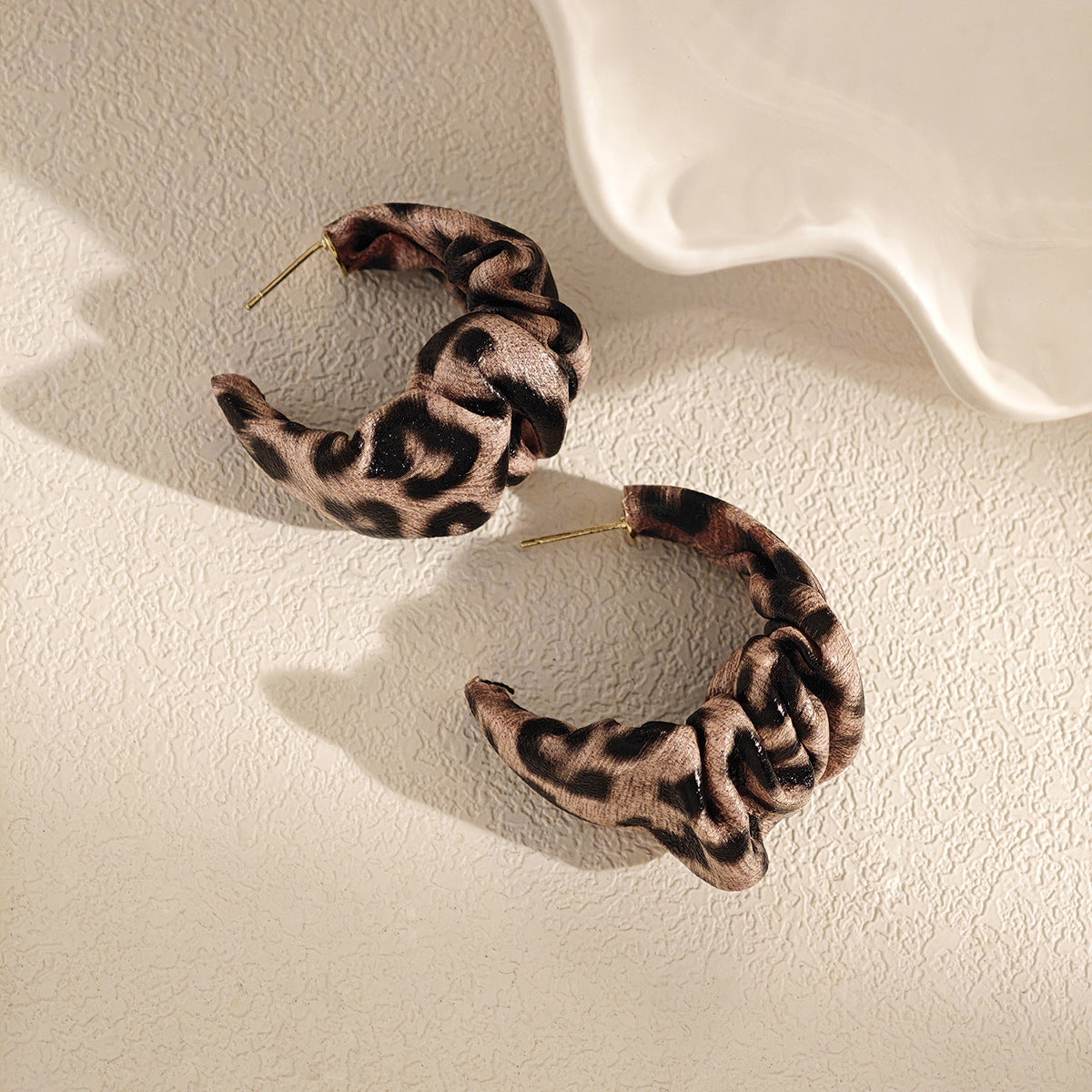 Leopard Print Ruched C Hoop Earrings - Brown