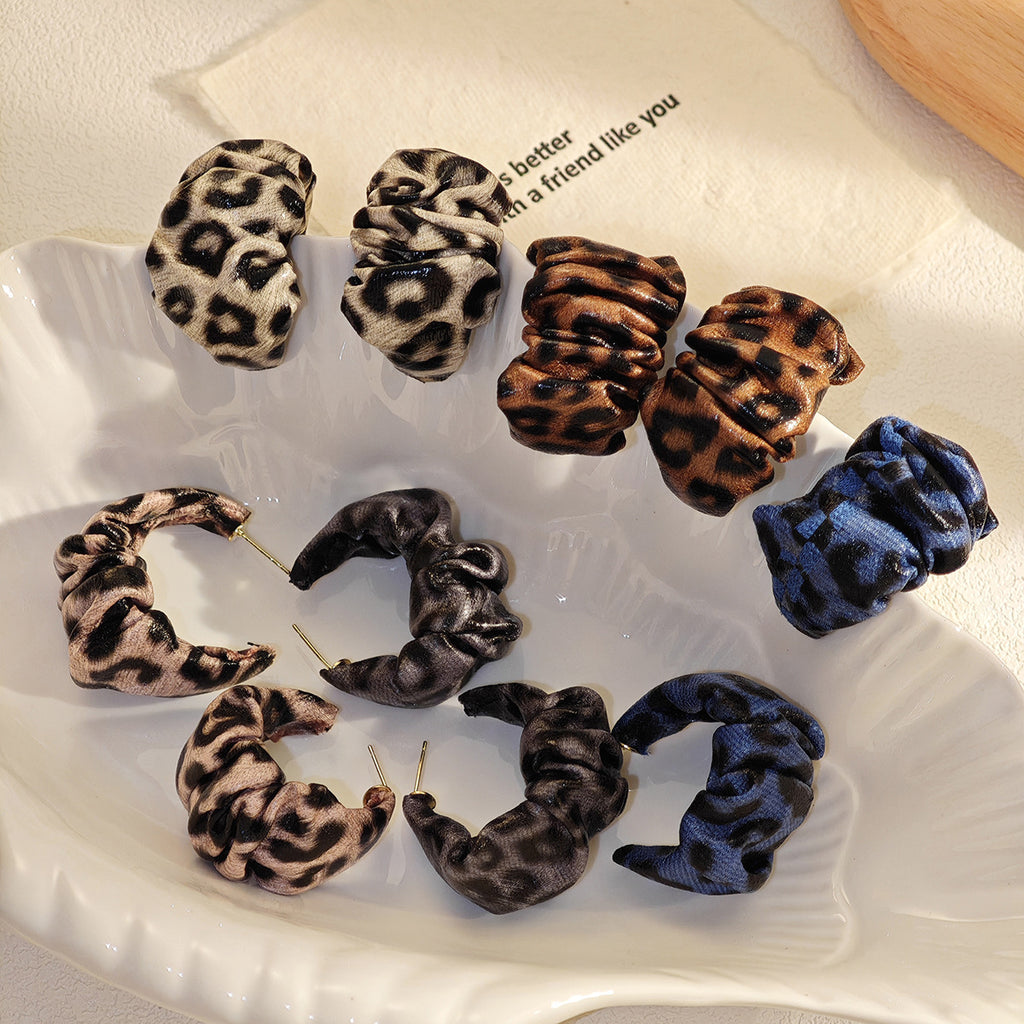 Leopard Print Ruched C Hoop Earrings - Coffee - 2