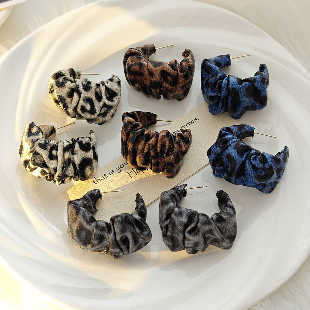 Leopard Print Ruched C Hoop Earrings - Coffee - 3