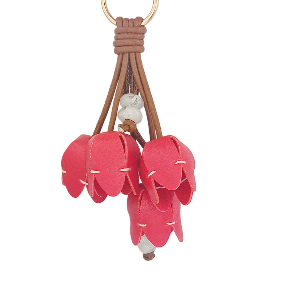 Tulip Flower Tassel Keychain Bag Charm - Red