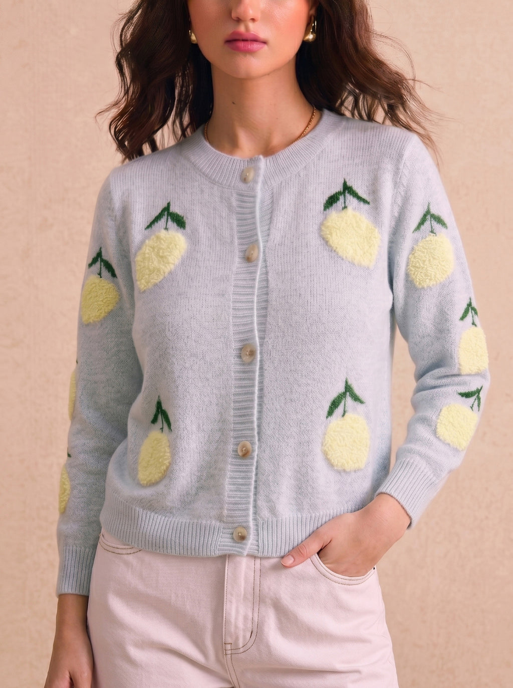 Lemon Intarsia Button Front Knit Cardigan - Grey