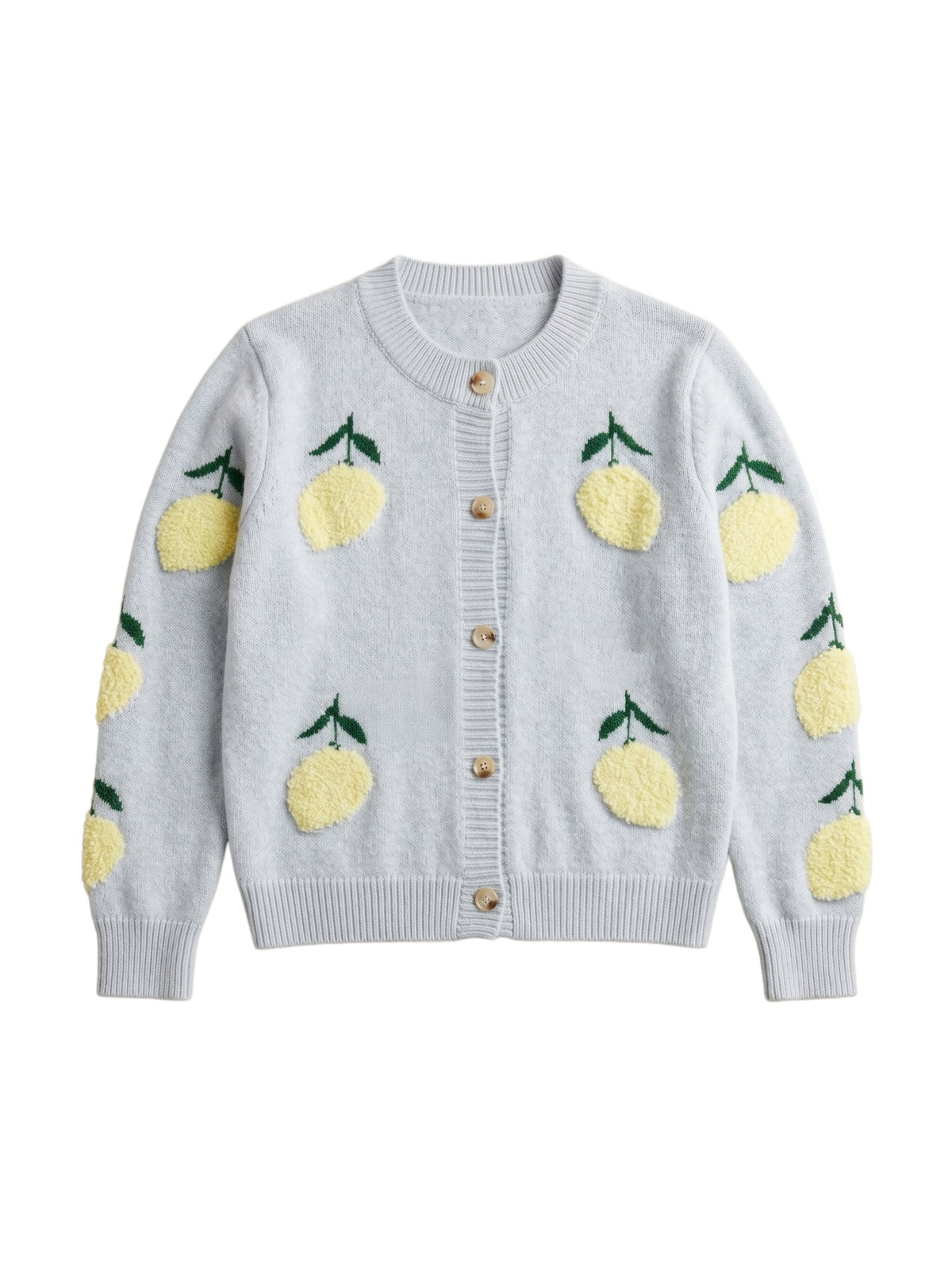 Lemon Intarsia Button Front Knit Cardigan - Grey - 1