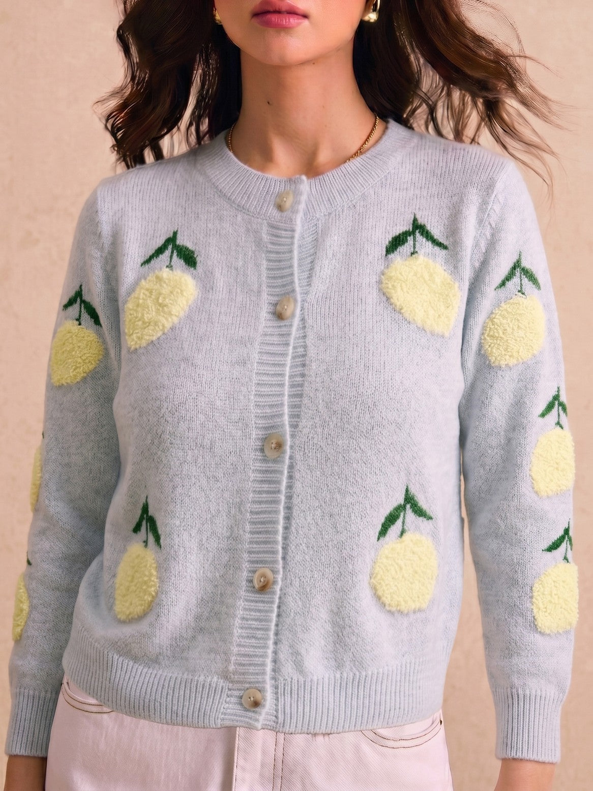 Lemon Intarsia Button Front Knit Cardigan - Grey - 2