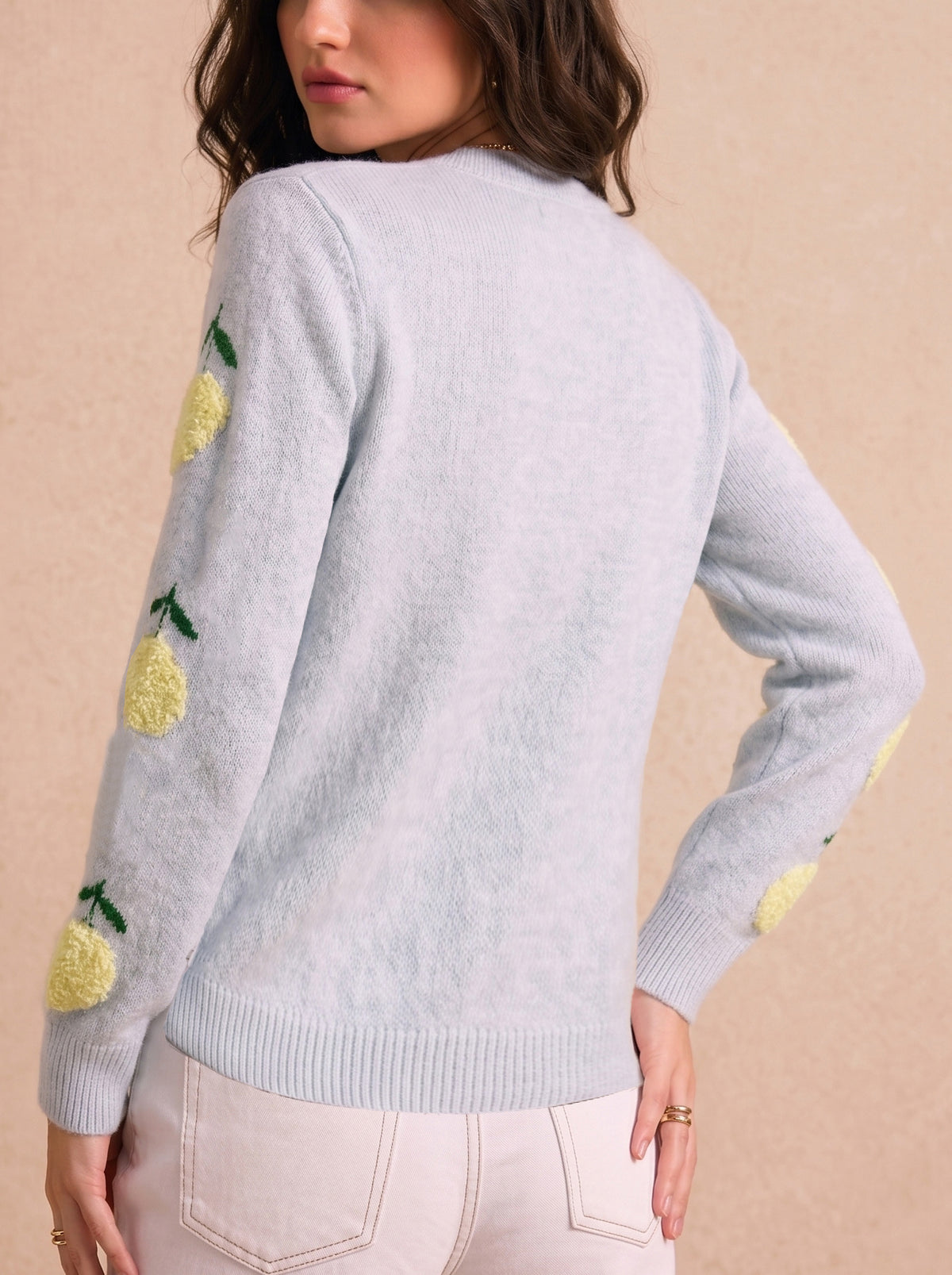Lemon Intarsia Button Front Knit Cardigan - Grey - 3