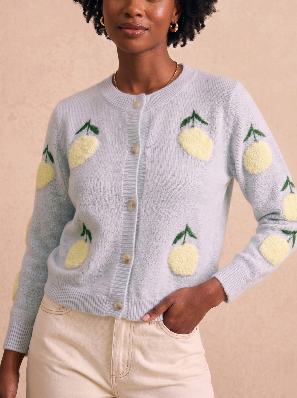 Lemon Intarsia Button Front Knit Cardigan - Grey - 4
