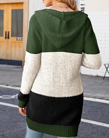 Color Block Hooded Longline Cardigan - Green - 1