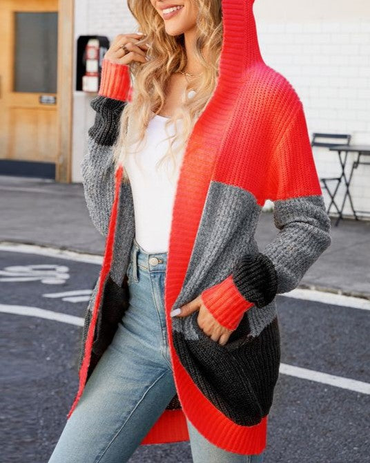 Color Block Hooded Longline Cardigan - Orange
