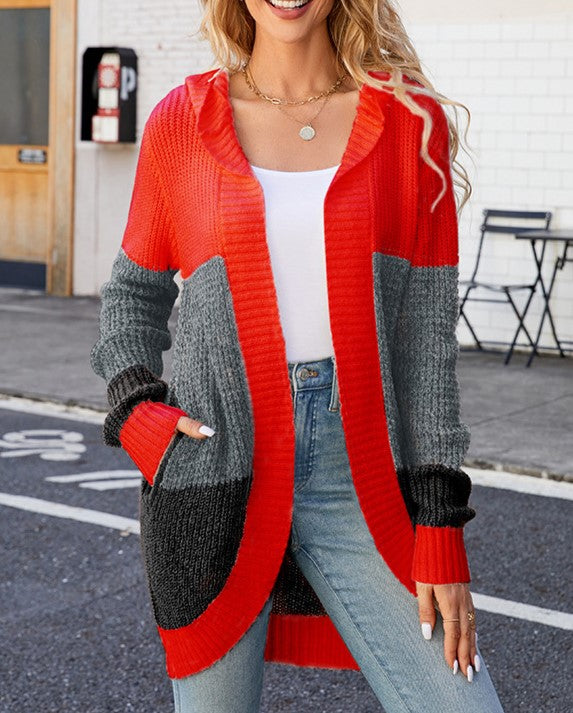 Color Block Hooded Longline Cardigan - Orange - 1