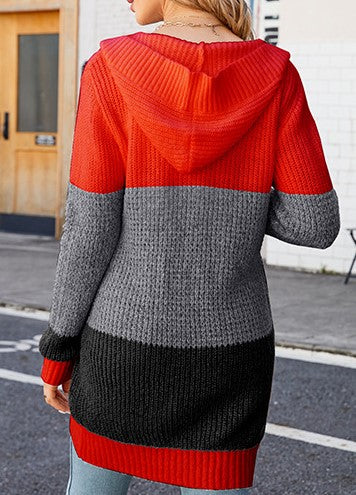 Color Block Hooded Longline Cardigan - Orange - 2
