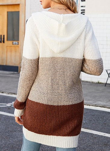 Color Block Hooded Longline Cardigan - White - 1