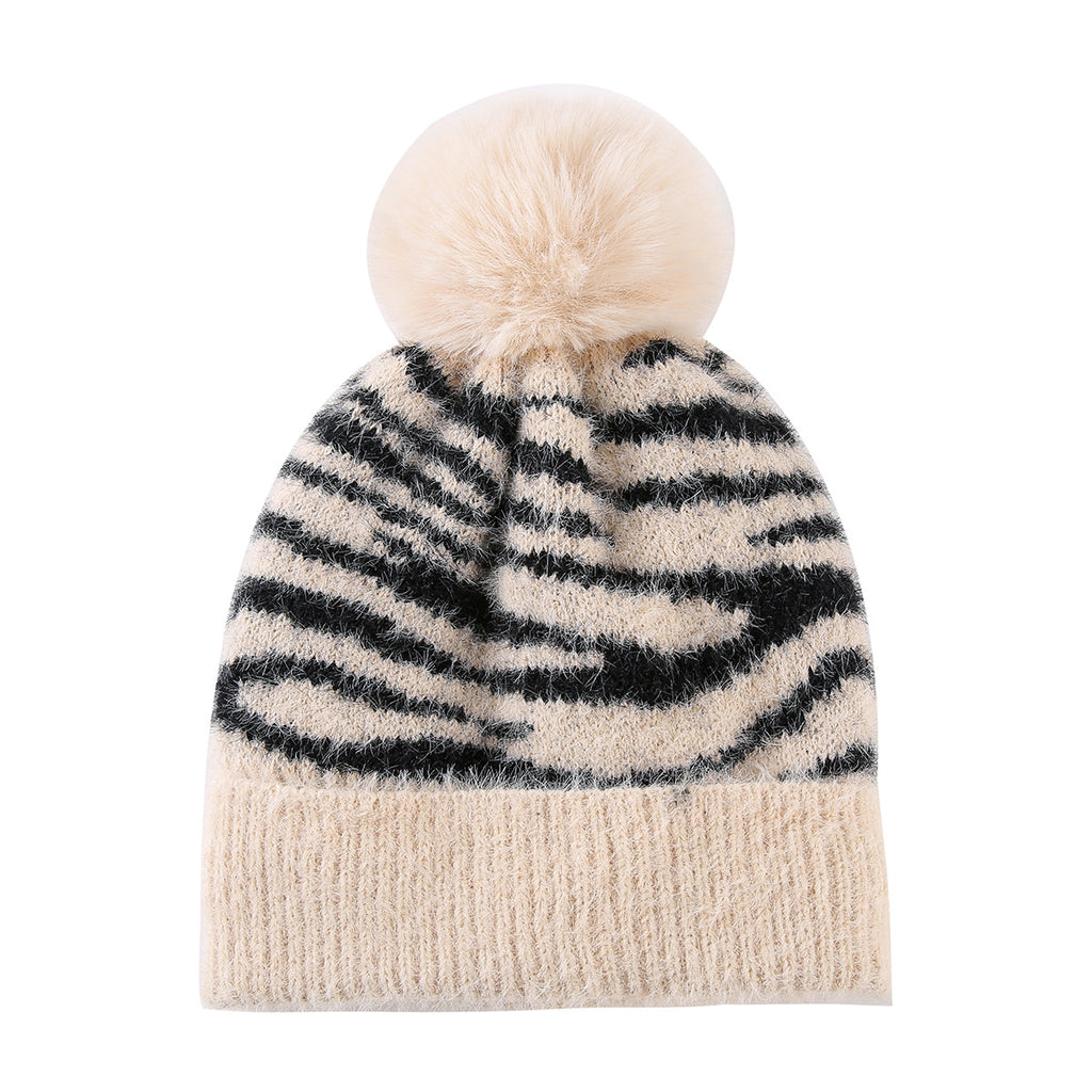 Fuzzy Zebra Stripe Beanie With Fluffy Pom Pom - Beige