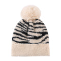 Fuzzy Zebra Stripe Beanie With Fluffy Pom Pom - Beige