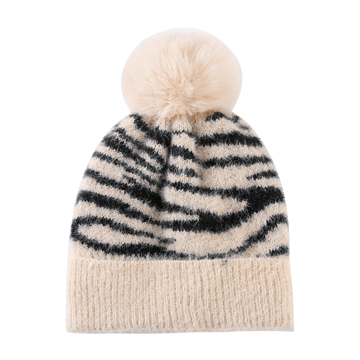 Fuzzy Zebra Stripe Beanie With Fluffy Pom Pom - Beige