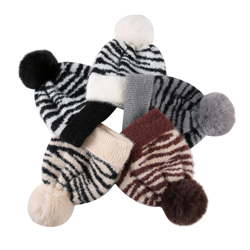 Fuzzy Zebra Stripe Beanie With Fluffy Pom Pom - Beige - 1