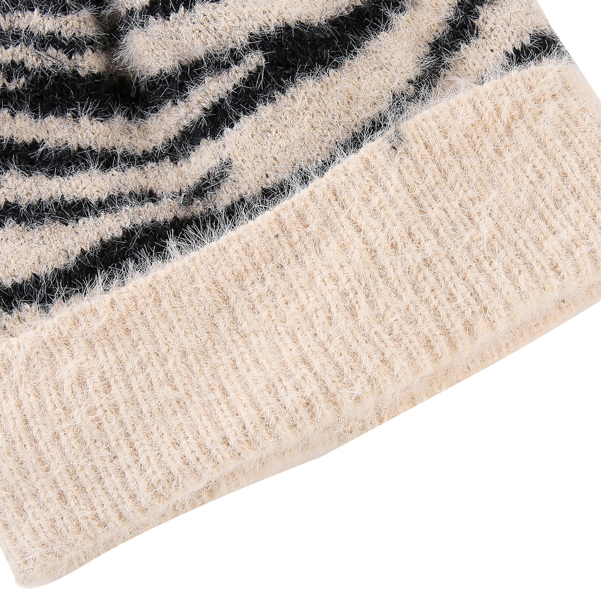 Fuzzy Zebra Stripe Beanie With Fluffy Pom Pom - Beige - 2