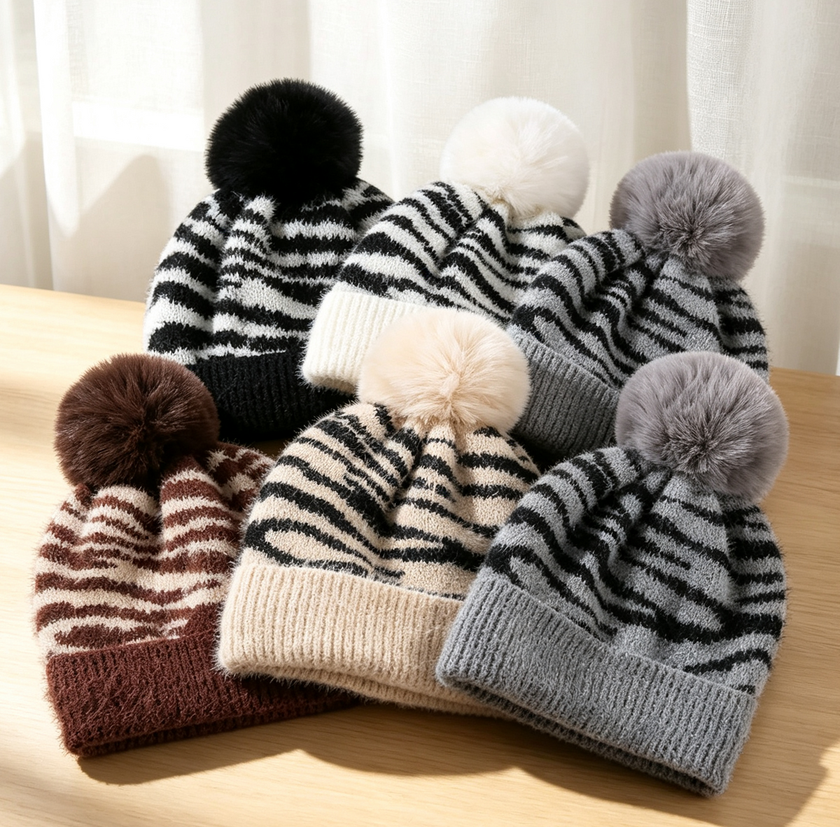 Fuzzy Zebra Stripe Beanie With Fluffy Pom Pom - Beige - 3
