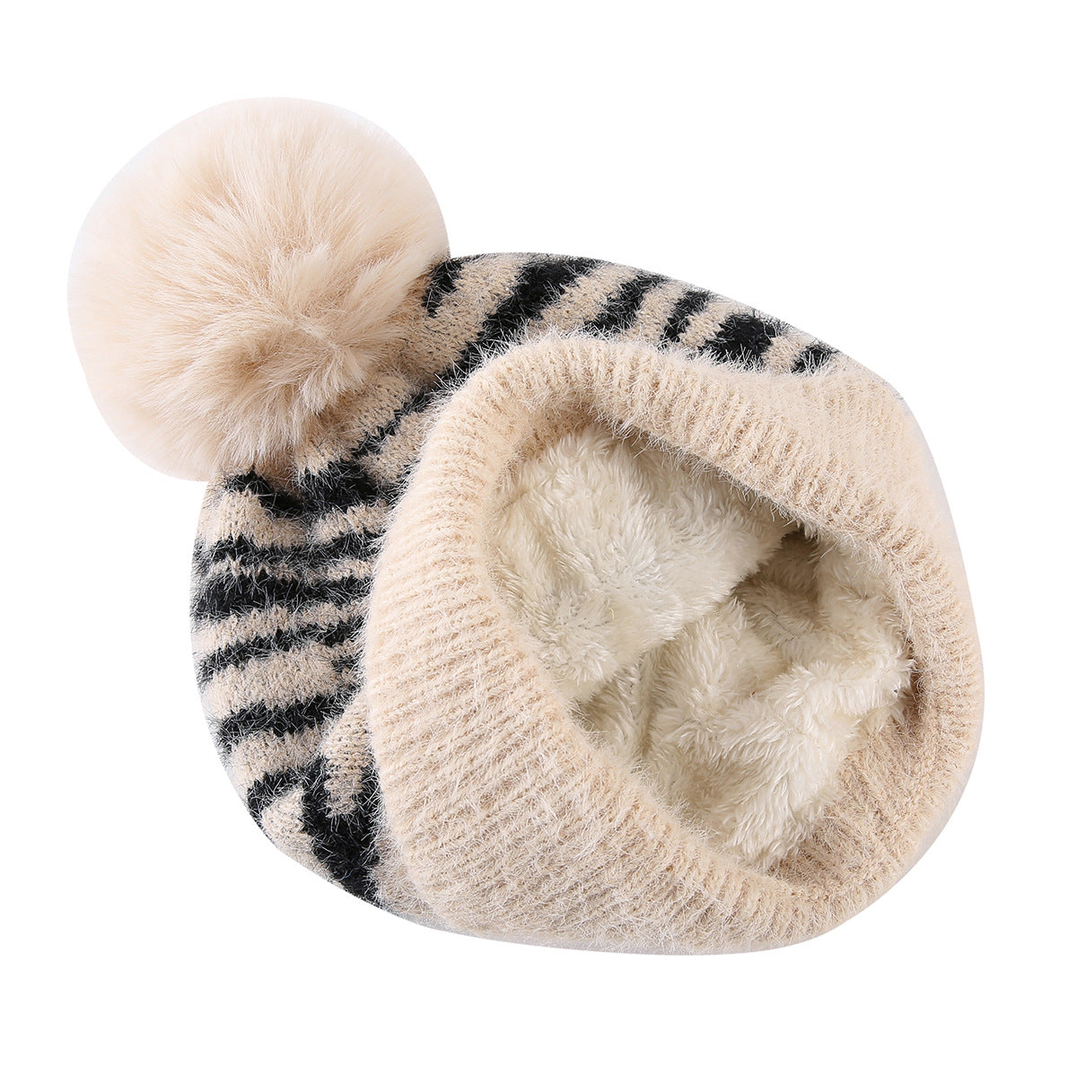 Fuzzy Zebra Stripe Beanie With Fluffy Pom Pom - Beige - 4