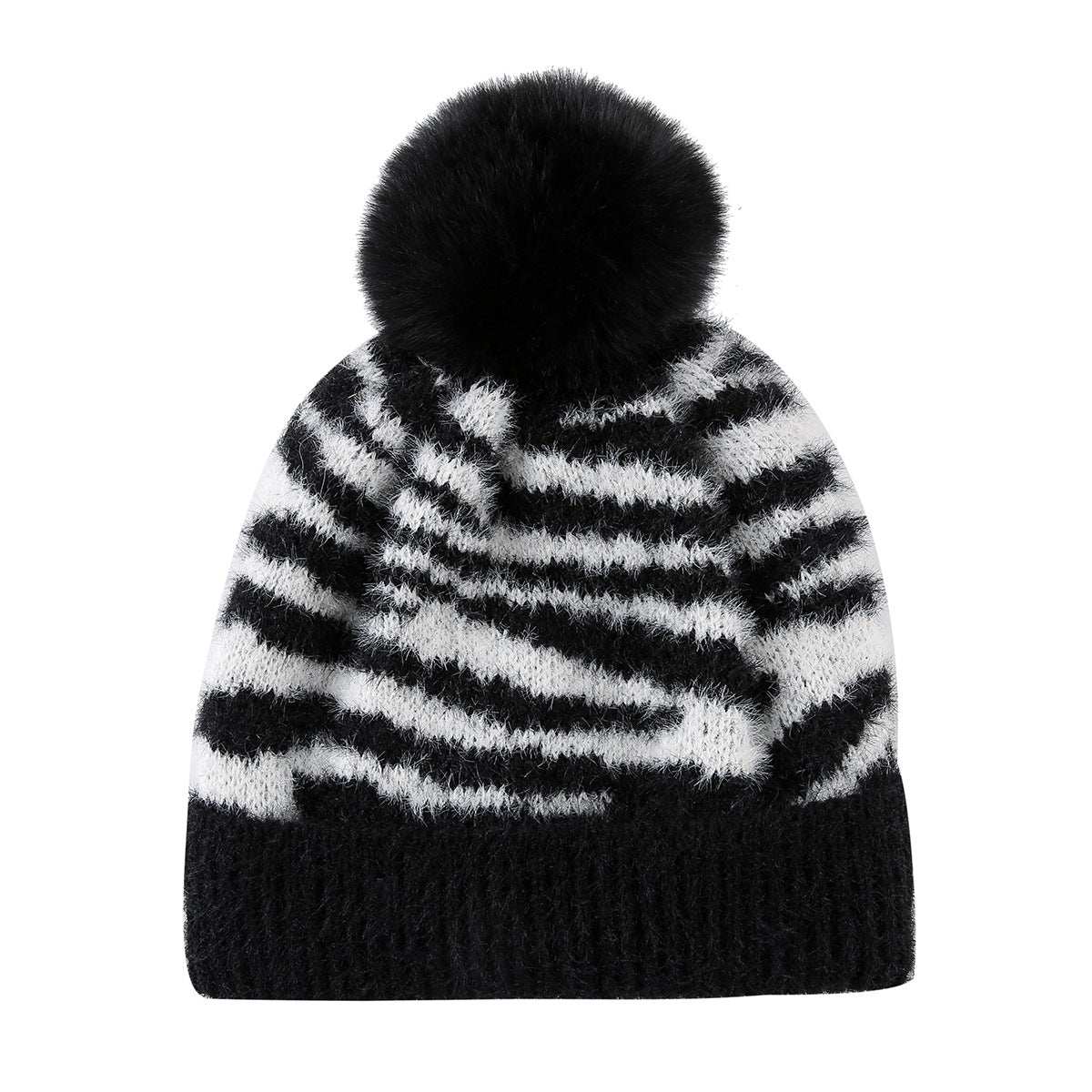 Fuzzy Zebra Stripe Beanie With Fluffy Pom Pom - Black