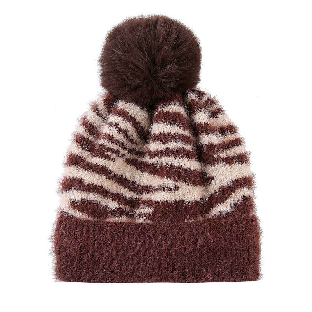 Fuzzy Zebra Stripe Beanie With Fluffy Pom Pom - Coffee
