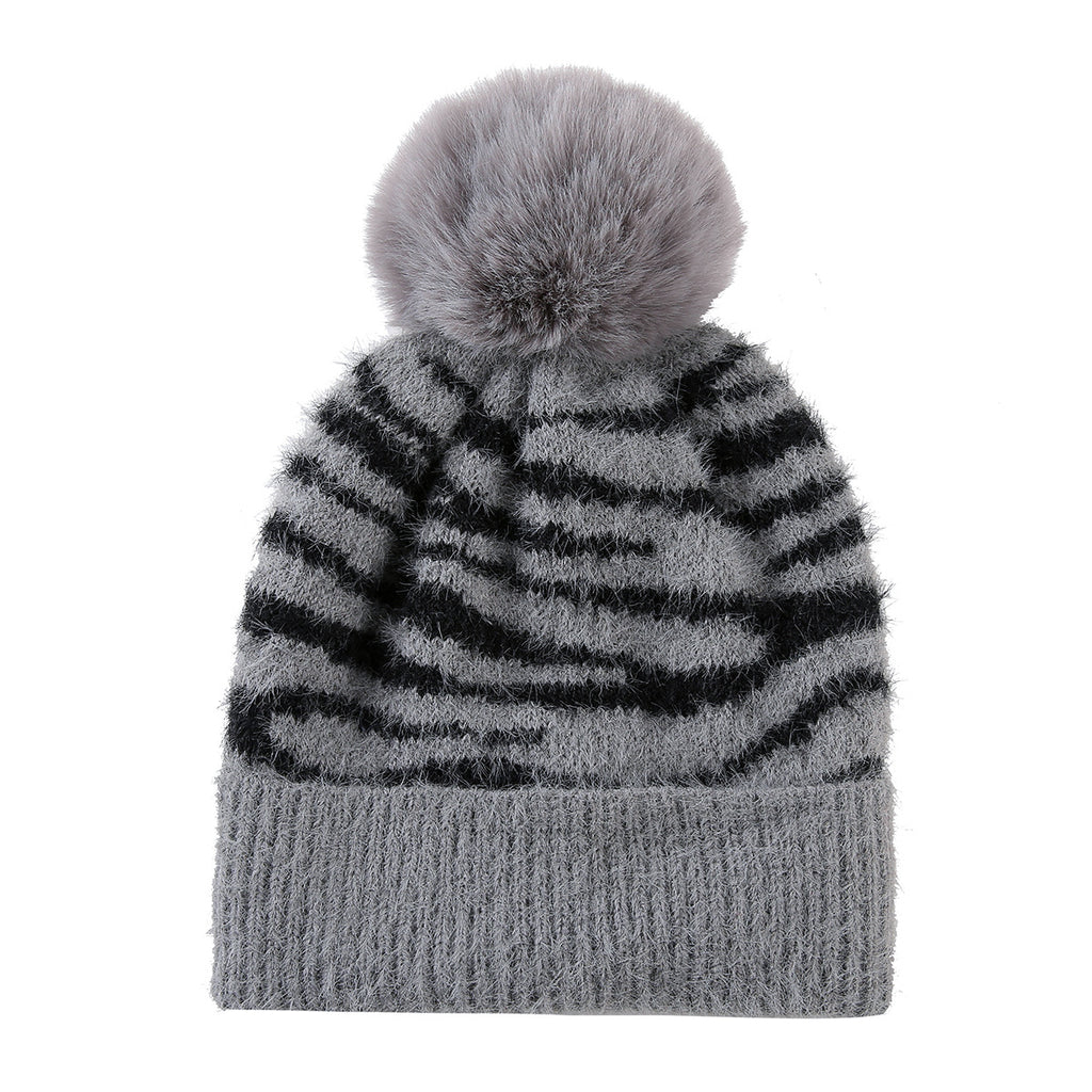 Fuzzy Zebra Stripe Beanie With Fluffy Pom Pom - Grey