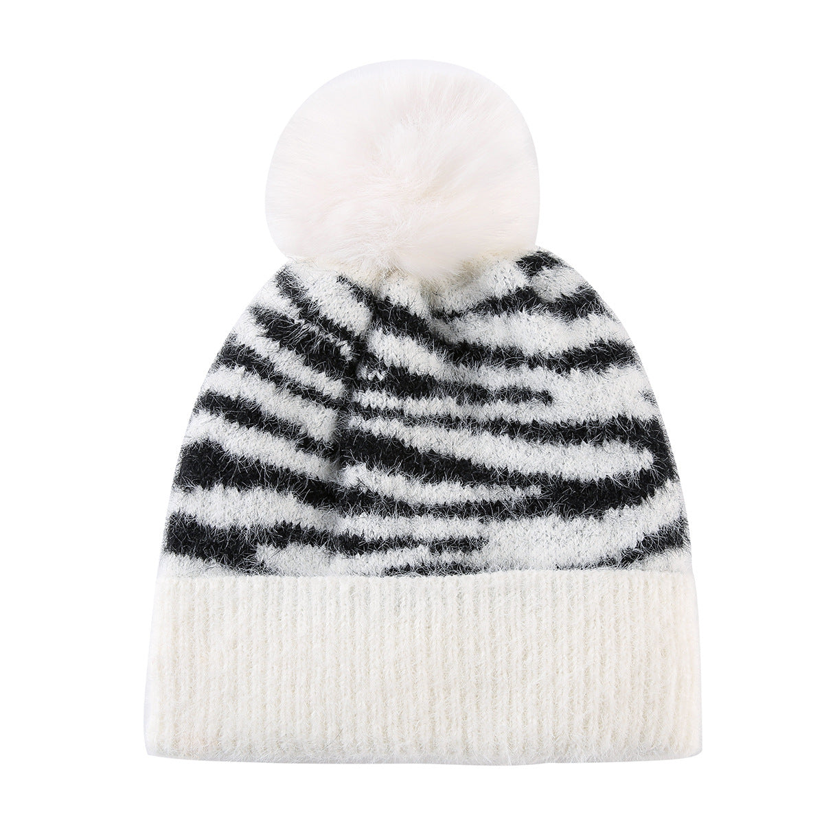 Fuzzy Zebra Stripe Beanie With Fluffy Pom Pom - White